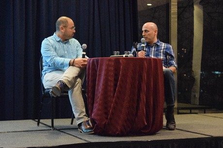 Photo: Aaron Price speaking with Marc Lore at a NJ Tech Meetup. Photo Credit: Matthew Weber