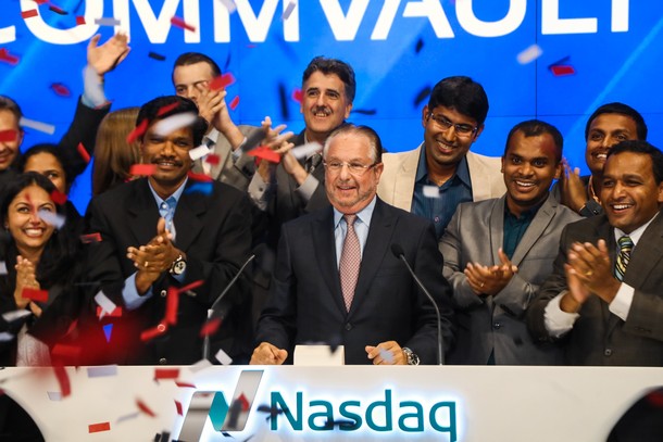 Photo: On Thursday, Commvault officials and 30 software developers rang the closing bell at the NASDAQ stock market. Photo Credit: Chiristopher Galluzzo