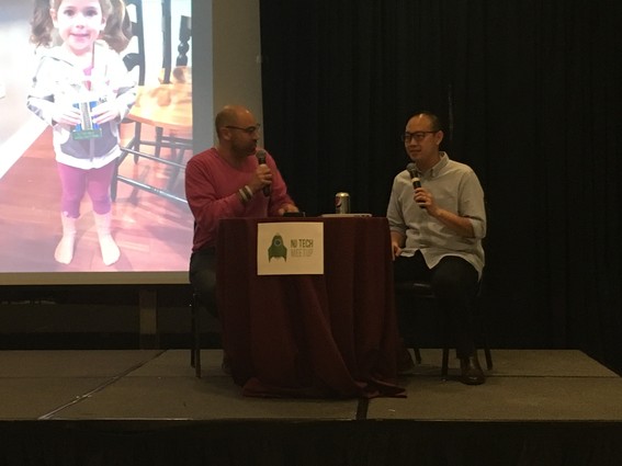 Photo: Aaron Price interviews Chieh Huang at the NJ Tech Meetup. Photo Credit: Esther Surden