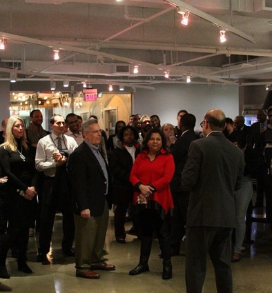 Photo: Mukesh Patel speaks to the crowd at the BLT mixer event at Newark Venture Partners. Photo Credit: Theodore Munro