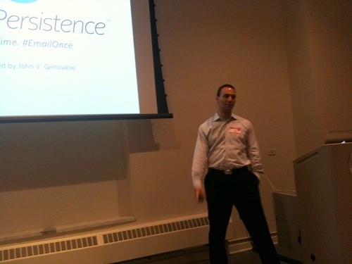 Photo: John Genovese presented PolitePersistence at the Morris Tech Meetup recently. Photo Credit: Esther Surden