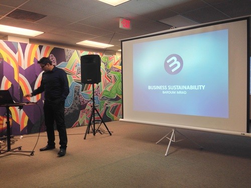 Photo: Baroum Mrad talked about business sustainability at the NJETS meetup at JuiceTank in Somerset. Photo Credit: Steven Galante