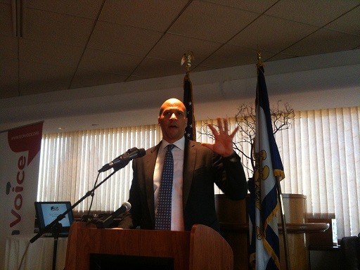 Photo: Cory Booker spoke about immigration reform at the TechVoice meeting recently. Photo Credit: Esther Surden