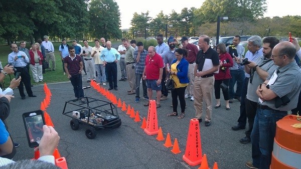 Photo:  DriveAI's small, self-driving prototype navigated through cones at Bell Works. Photo Credit: John Critelli