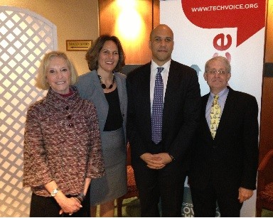 Photo: Maxine Ballen of NJTC, Liz Hyman of CompTIA, Erik Grimmelmann of NYTECH with Newark Mayor Cory Booker at the Tri-State TechVoice Chapter Launch. Photo Credit: TechVoice