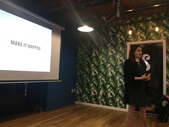 Photo: Jenna Gaudio speaking at the Jersey Shore Women in Tech meetup. Photo Credit: Esther Surden
