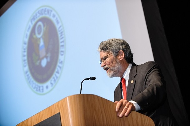 Photo: Dr. John Holdren, Director of the White House Office of Science and Technology Policy (OSTP), explains how the Obama Administration has “stepped up to support science, technology and innovation. Photo Credit: Stevens Institute of Technology