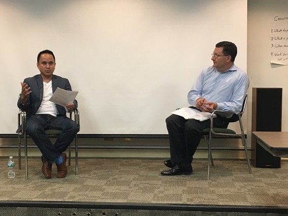 Photo: (L-R) Jason Vitug, CEO and founder of Phroogal (Elizabeth) and Richard J. Colosimo, attorney at OlenderFeldman (Summit) at Launch NJ Photo Credit: Esther Surden
