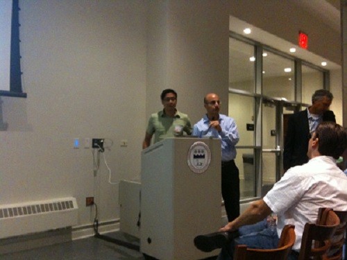 Photo: Left to Right: Bert Navarrete is introduced at the Morris Tech Meetup by FDU's Jim Barood. Photo Credit: Esther Surden