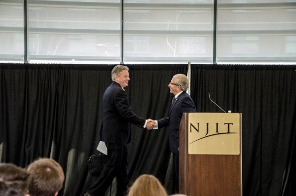 Photo: NJIT president Dr. Joel Bloom welcomes Panasonic North America CEO Joseph Taylor to the stage. Photo Credit: Brittani Brundage