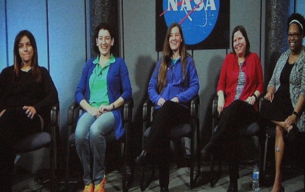Photo: NASA panelists spoke via video chat with female students at Montgomery High School and Middle School. Photo Credit: Courtesy Iccha Singh