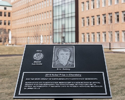 Photo: Plaque recognizing Eric Betzig, winner of 2014 Nobel Prize in Chemistry for his transformative work on molecular and biological imaging. Part of new Bell Labs Nobel Prize Laureate Garden on Bell Labs' campus in Murray Hill, New Jersey. Photo Credit: Denise Panyik-Dale