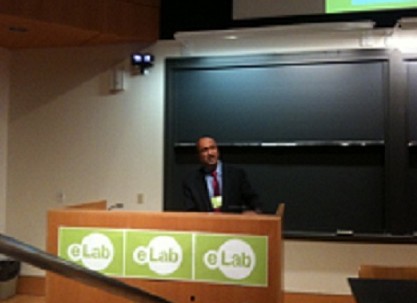 Photo: Sanjeev Kulkarni addressed the community at Princeton's eLabs demo day. Photo Credit: Princeton