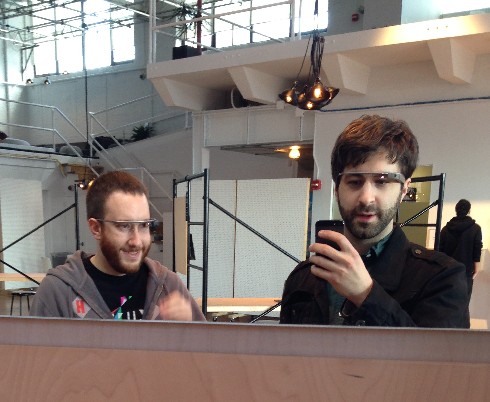 Photo: Steven Galane (R) and friend Robert Parker check out Google Glass. Photo Credit: Steven Galante