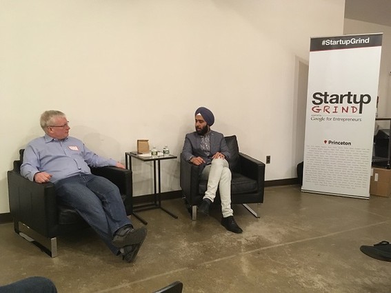 Photo: David Stengle, organizer of Startup Grind Princeton talks to Yiblab's  Jasmeet Sawhney.  Photo Credit: Marc Weinstein