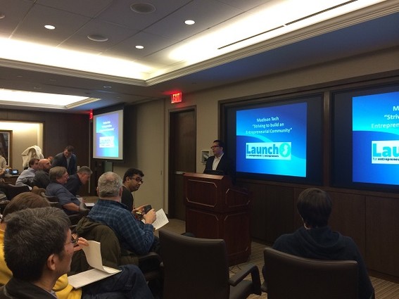 Photo: Carlos Abad at the Madison Tech Meetup at Day Pitney on March 6, 2014. Photo Credit: Esther Surden