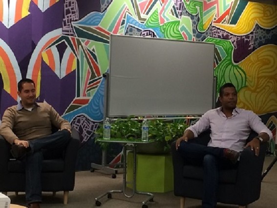 Photo: The Futurestay founders discuss their business at LaunchNJ. Photo Credit: Marc Weinstein