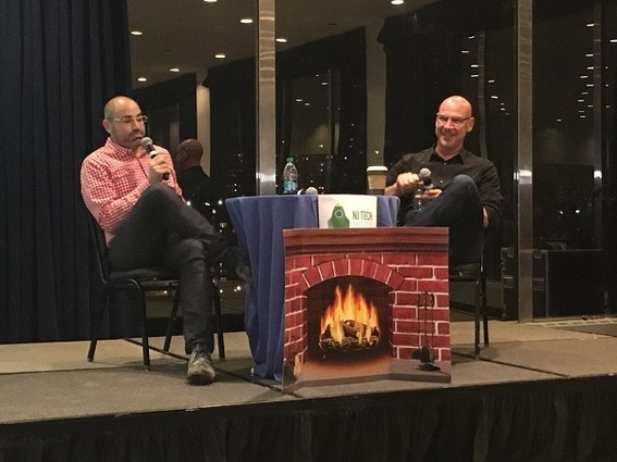 Photo: Aaron Price interviews David Mandell at the February NJ Tech Meetup Photo Credit: Esther Surden