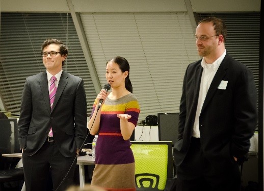 Photo: From left to right, Christopher Prince Boucher, Stephanie Chang, and David Deutsch answer audience questions at the NJETS February meetup. Photo Credit: Zion Kim